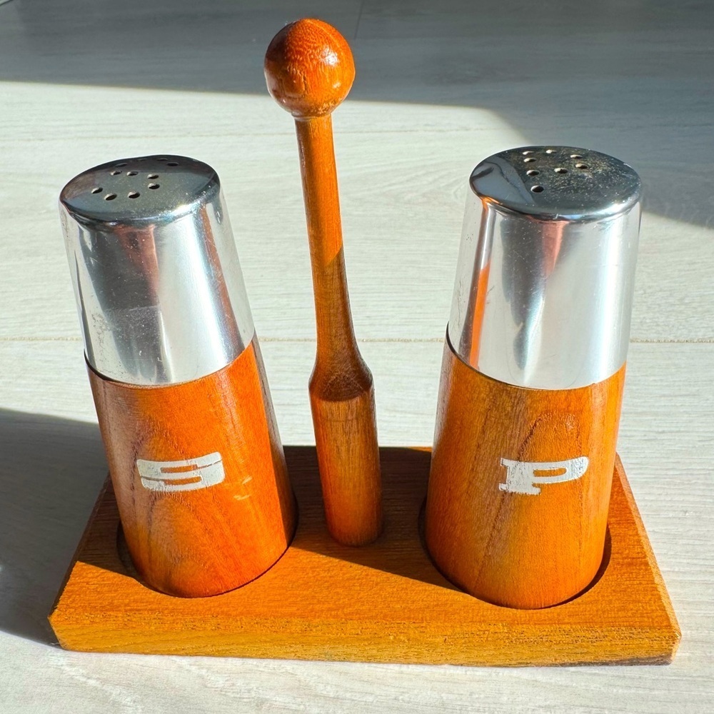 Vintage MCM Wooden Salt Pepper Shakers in Cradle Holder Retro Japan Teak
